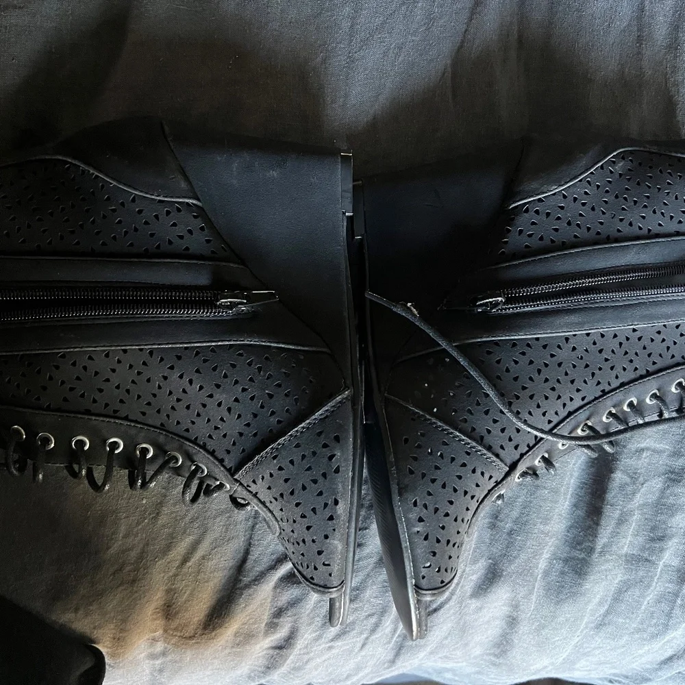 NWOT Black Perforated Wedge Ankle Boots - Women's Lace-Up Comfort